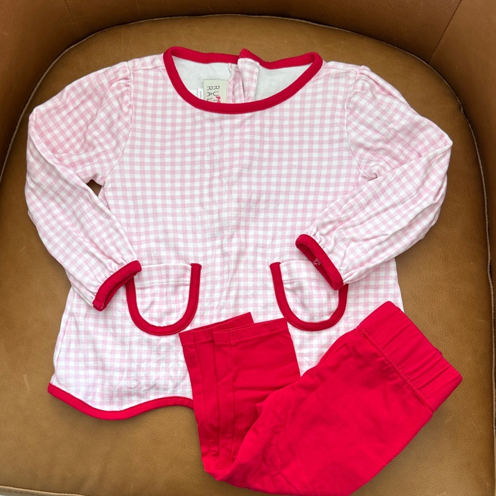 Ruth and Ralph Girls Gingham Outfit Set 24M Pink Check Tunic Top + Red Pants